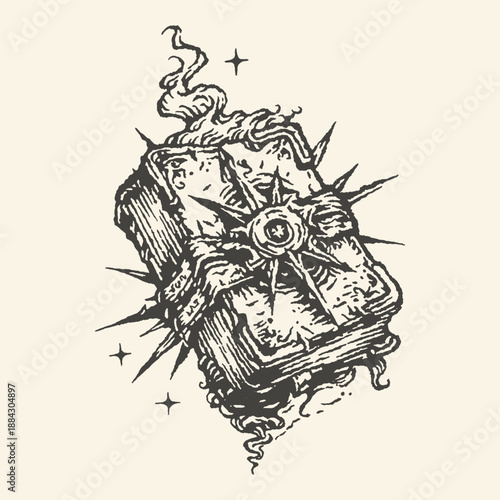 Hand-Drawn Vintage Mystical Spellbook Illustration with Spiked Cover and All-Seeing Eye, Dark Fantasy Occult Grimoire Ink Drawing for Tattoos and Graphic Design