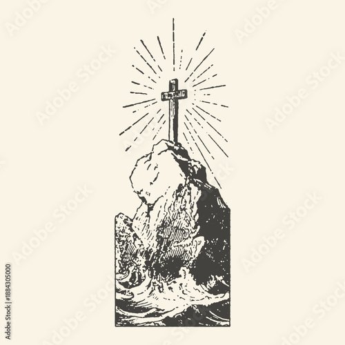Symbolic Cross atop a rugged mountain peak bathed in divine light, against a stormy sea backdrop, vintage illustration style.