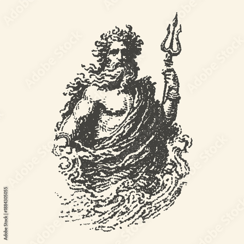 Ancient Greek god Poseidon, ruler of the sea, depicted in a dramatic ink sketch with a trident and swirling waves, evoking power and mythology.