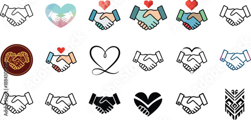 Handshake Icon Set – Unity & Partnership Symbols | handshake icons, unity symbol, partnership graphic, heart handshake, agreement illustration, friendship icon, cooperation design