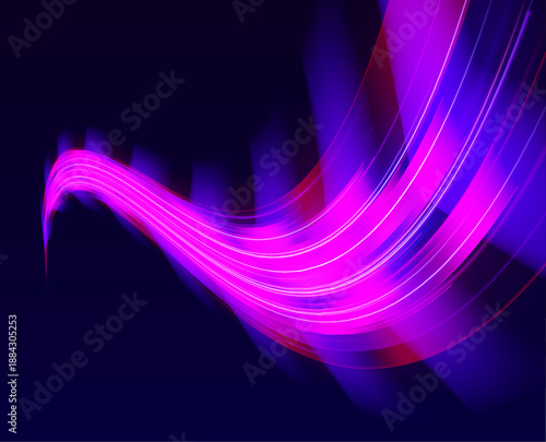 Electric light waves ripple across a dark canvas. Neon streaks curve smoothly, creating depth and motion. A futuristic abstract scene for tech visuals vector