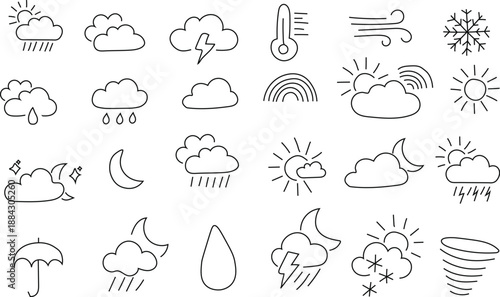 Hand drawn weather icon doodle set, Cute line art of sun, cloud, rain, snow, rainbow and storm. Scribbled outline vector signs thermometer and windy, sunny weather, umbrella in kids drawn style