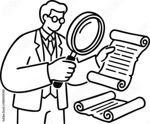 Historian Researching Ancient Scrolls with Magnifying Glass Vector Illustration for Archival and Presidents Day Themes