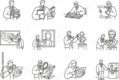 Presidents Day historian vector set depicting researchers studying American history books ancient scrolls maps and presidential artifacts in museums