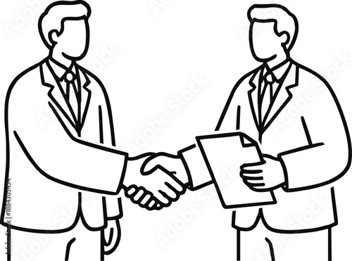 Vector illustration of two businessmen or politicians shaking hands, formal agreement and diplomatic partnership concept in minimalist black and white line art.