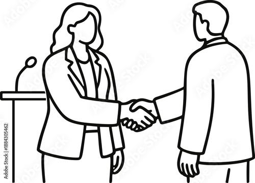Vector illustration of male and female politicians shaking hands, gender equality in leadership and bipartisan cooperation concept in outline style.