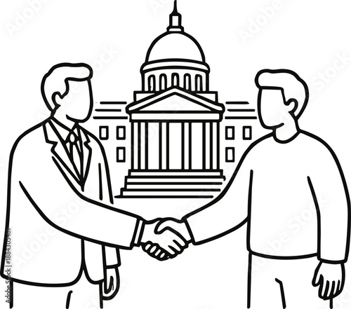 Vector illustration of political leaders shaking hands in front of Capitol building, government legislation and bipartisan deal concept in outline style.