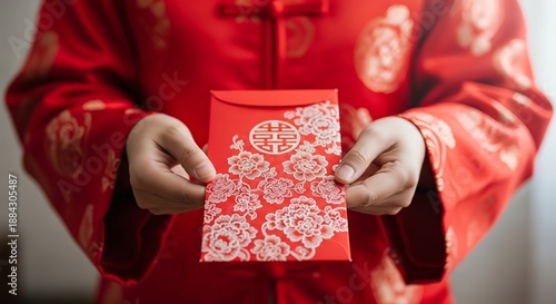 Person in traditional red clothing holds a decorative red envelope with floral patterns.