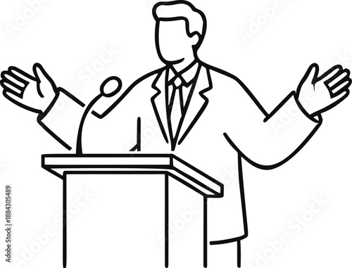 Vector illustration of civic leader giving speech with open arms at podium, welcoming audience and political rally concept in minimalist line art style.