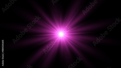 Large glowing purple star or sun with thin radiant rays on a solid black background. Intense purple lens flare effect.