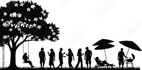 Black silhouette of people having backyard summer party with barbecue grill tree swing patio umbrellas and friends socializing in garden park