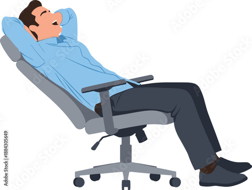 Happy businessman relaxing in office chair with hands behind head feeling successful satisfied and stress free at work after completion