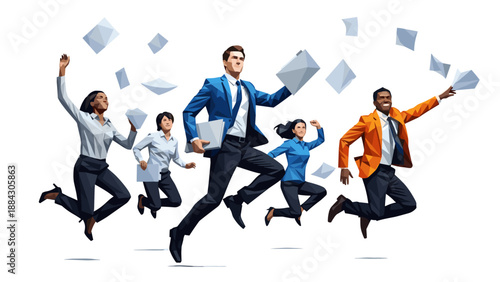 Business team celebrating success with paperwork in low poly style