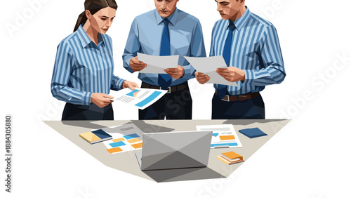 Polygonal business team analyzing documents around office desk