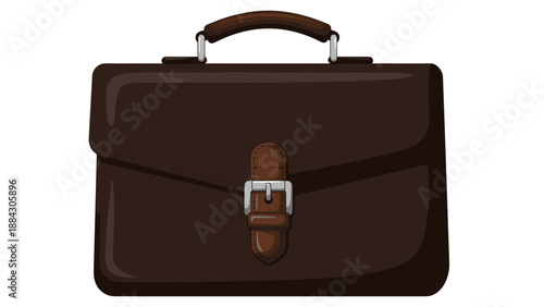 Classic leather briefcase with handle and buckle on white background