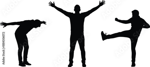 Set of black silhouettes of men in various active poses including bowing arms outstretched and kicking for performance or celebration