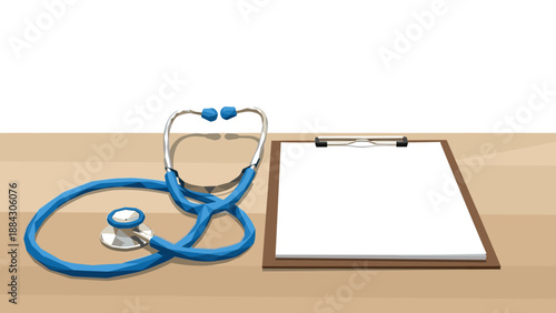 Low poly medical scene with stethoscope and clipboard on wooden surface