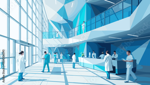 Modern hospital lobby with medical professionals in futuristic interior design