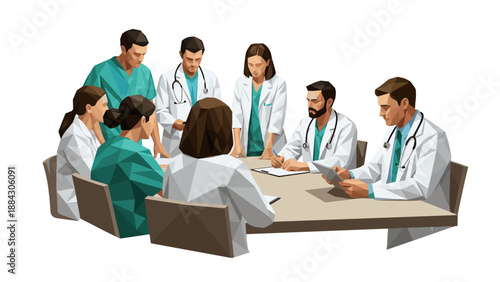 Medical team in polygon art style discussing treatment plans at conference table