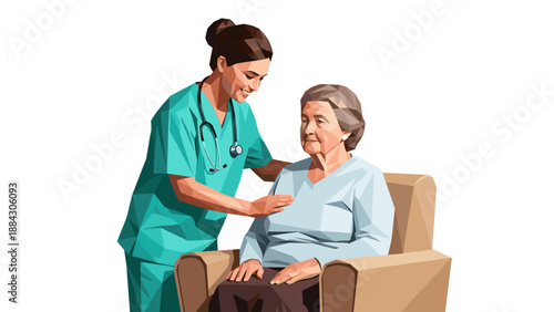 Low poly art of a caring nurse assisting an elderly patient in a chair