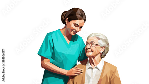 Polygonal art of healthcare professional assisting elderly woman with compassion
