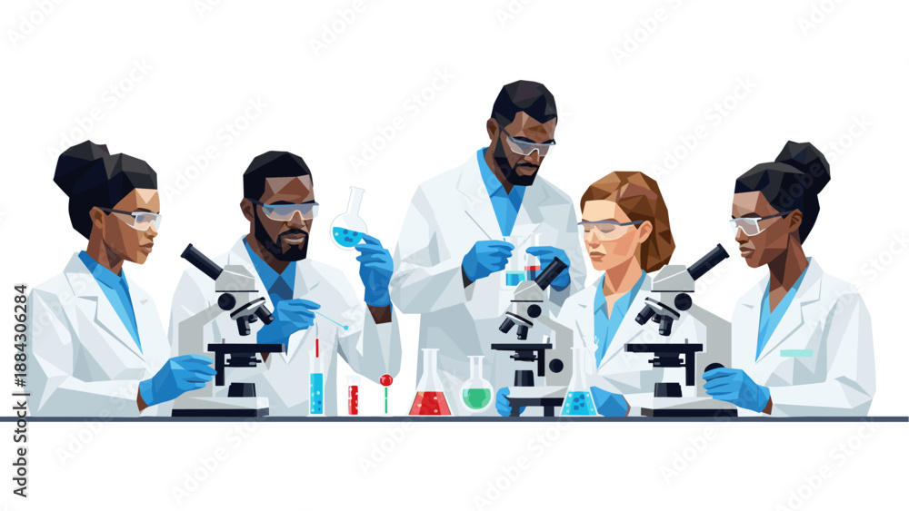 Obraz premium Diverse team of scientists conducting experiments in a geometric style laboratory