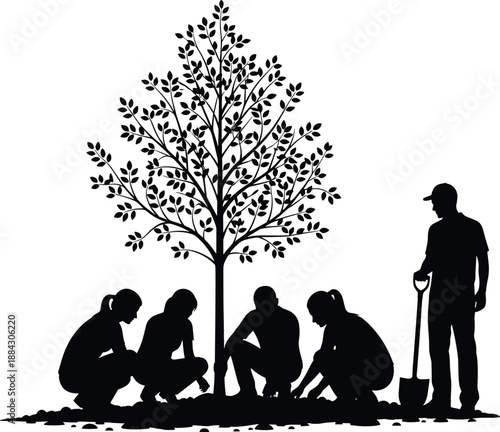 Silhouette of community volunteers planting a young tree together for environmental conservation, sustainability, reforestation, teamwork, earth day, and nature growth.