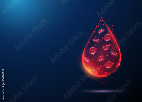 Red blood cells inside blood drop. Erythrocyte analysis, blood sample diagnostics, hematology testing, medical laboratory research, health monitoring concept.