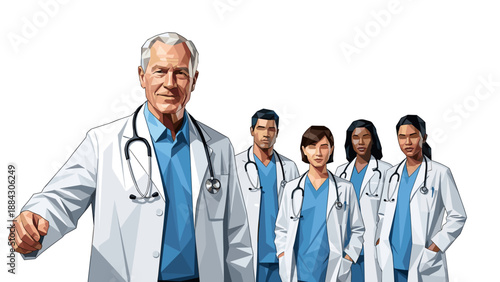 Medical team in geometric art style with diverse healthcare professionals