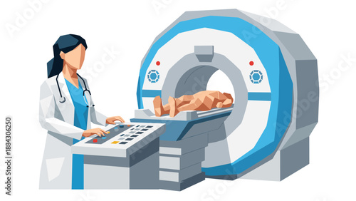 Low poly medical scene with doctor operating mri scanner in hospital setting