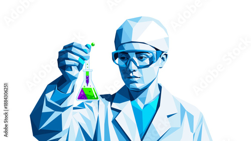 Polygonal scientist analyzing chemical reaction in geometric art style