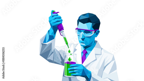 Low poly scientist conducting experiment with beaker and pipette in laboratory setting