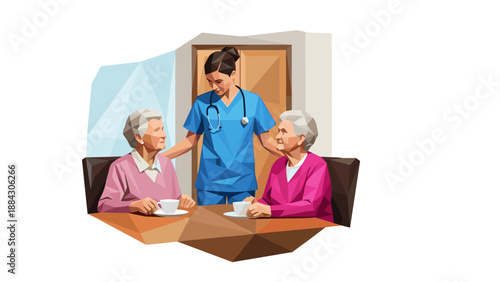 Healthcare worker engaging with elderly couple in low poly art style