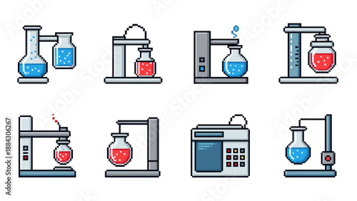 Pixel art laboratory equipment set with flasks and beakers