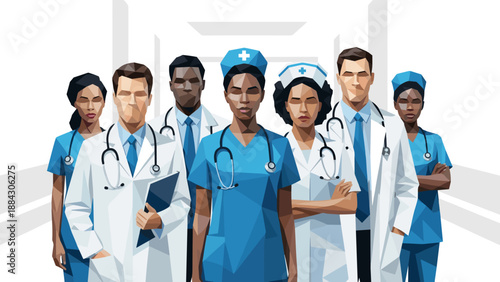 Geometric health care team in modern uniforms facing forward