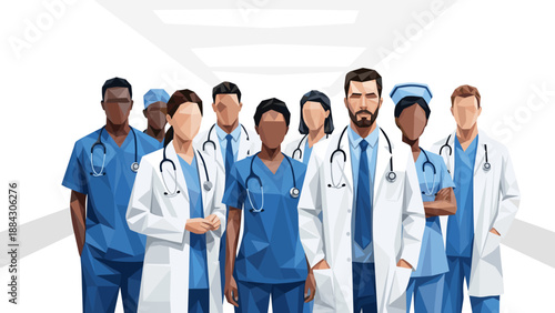 Geometric medical team in hospital corridor