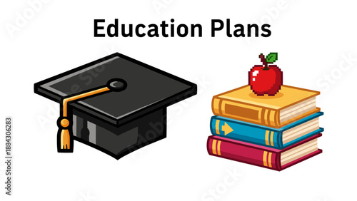 Education plans: pixel art graduation cap and books with apple icon