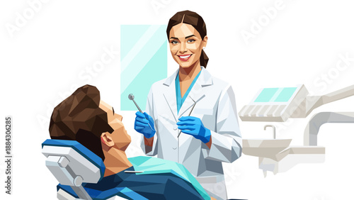 Geometric style dentist working with patient in modern dental clinic