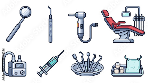 Pixel art dental tools set: modern dentist equipment collection