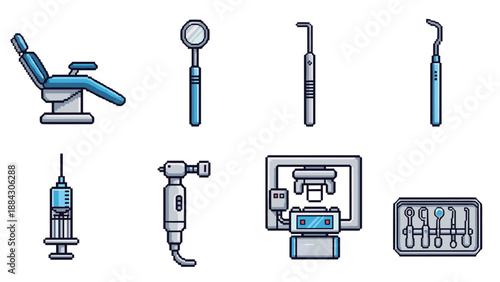 Pixel art dental tools and equipment set for modern clinics