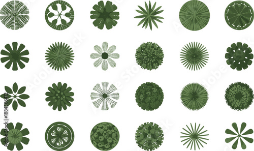 Green circular botanical textures collection with radial leaf patterns organic plant inspired eco abstract design elements