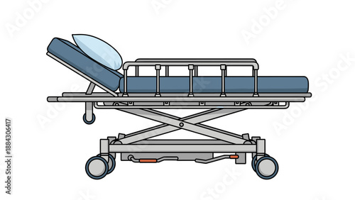 Detailed medical bed with pillow and adjustable features on wheels