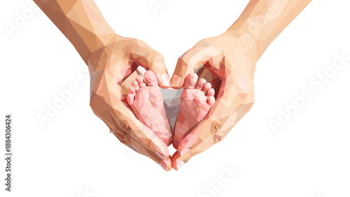 Polygonal art of hands holding baby feet in heart shape