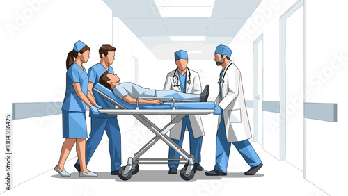 Medical team assisting a patient on a stretcher in a hospital corridor