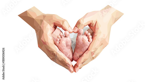 Geometric hands and baby feet in heart shape: love and care concept art