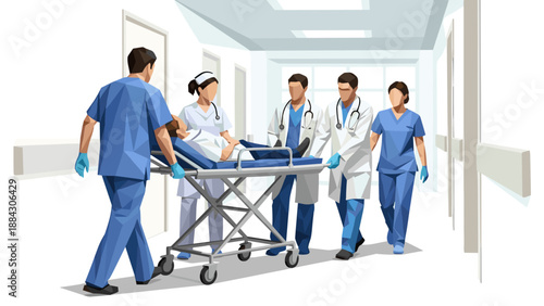 Healthcare team moving patient on stretcher in modern hospital corridor