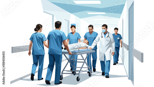 Medical team transporting patient on stretcher in hospital corridor