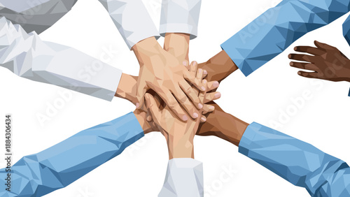 Polygonal teamwork: diverse hands united in collaboration and unity