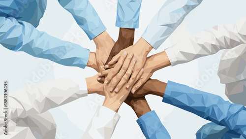 Teamwork unity in low polygon art style with diverse hands joined together