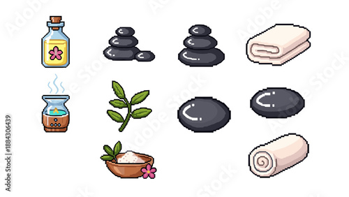 Pixel art spa elements: essential oil, stones, candle, towel, and leaves icon set